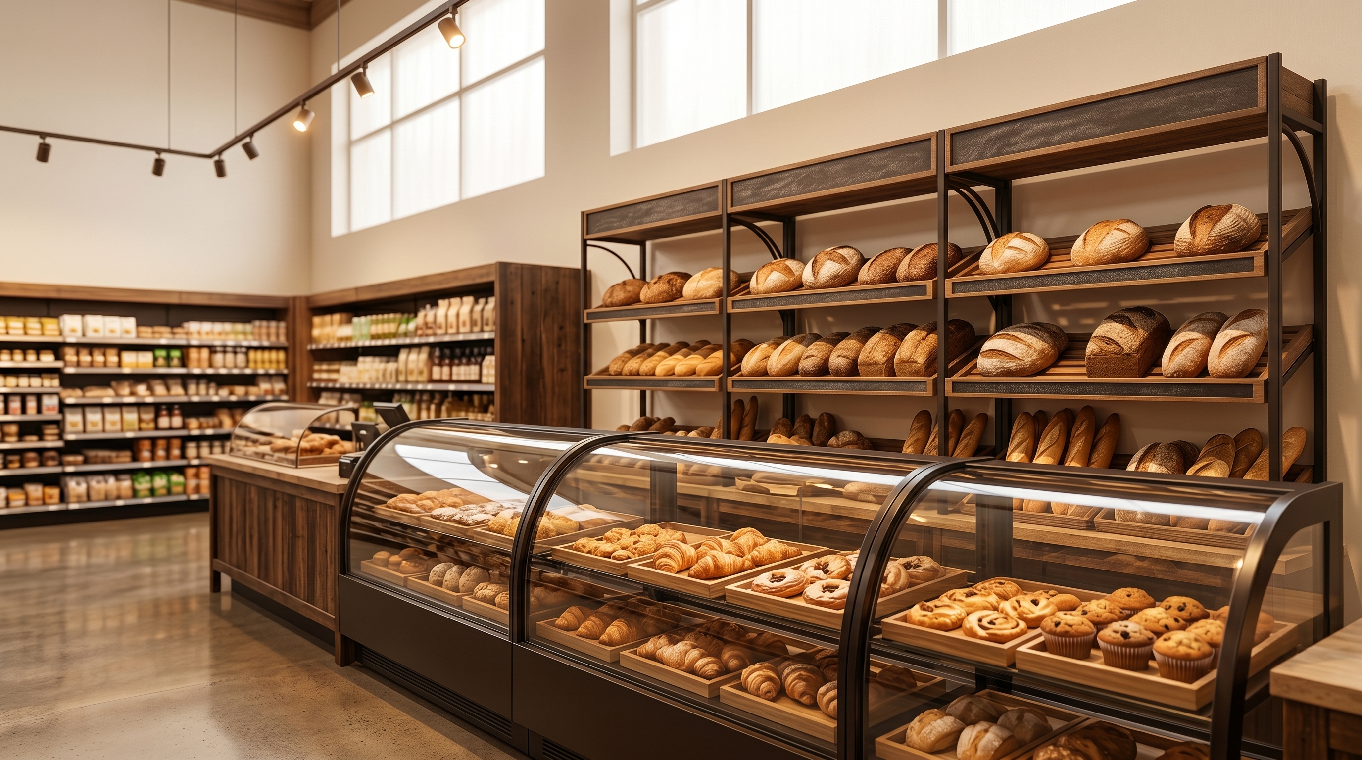 Editorial wide-angle view of a supermarket in-store bakery section with breads on warm wood shelving and a pastry case lit by soft directional daylight.